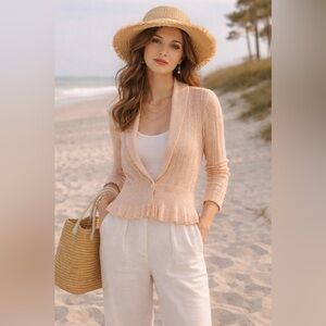 Lauren Ralph Lauren 100% Linen Cardigan Size Large Pink Ruffles Open Knit Dainty